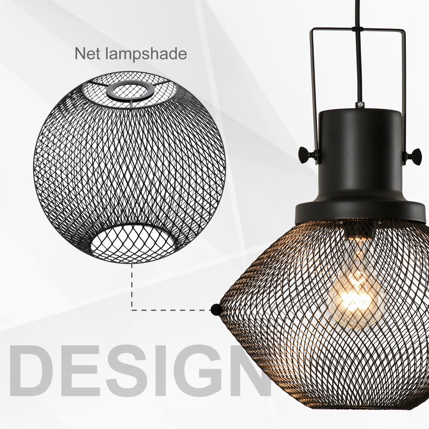 Matte Black Diamond Mesh Pendant Light — Adjustable Chain — Single