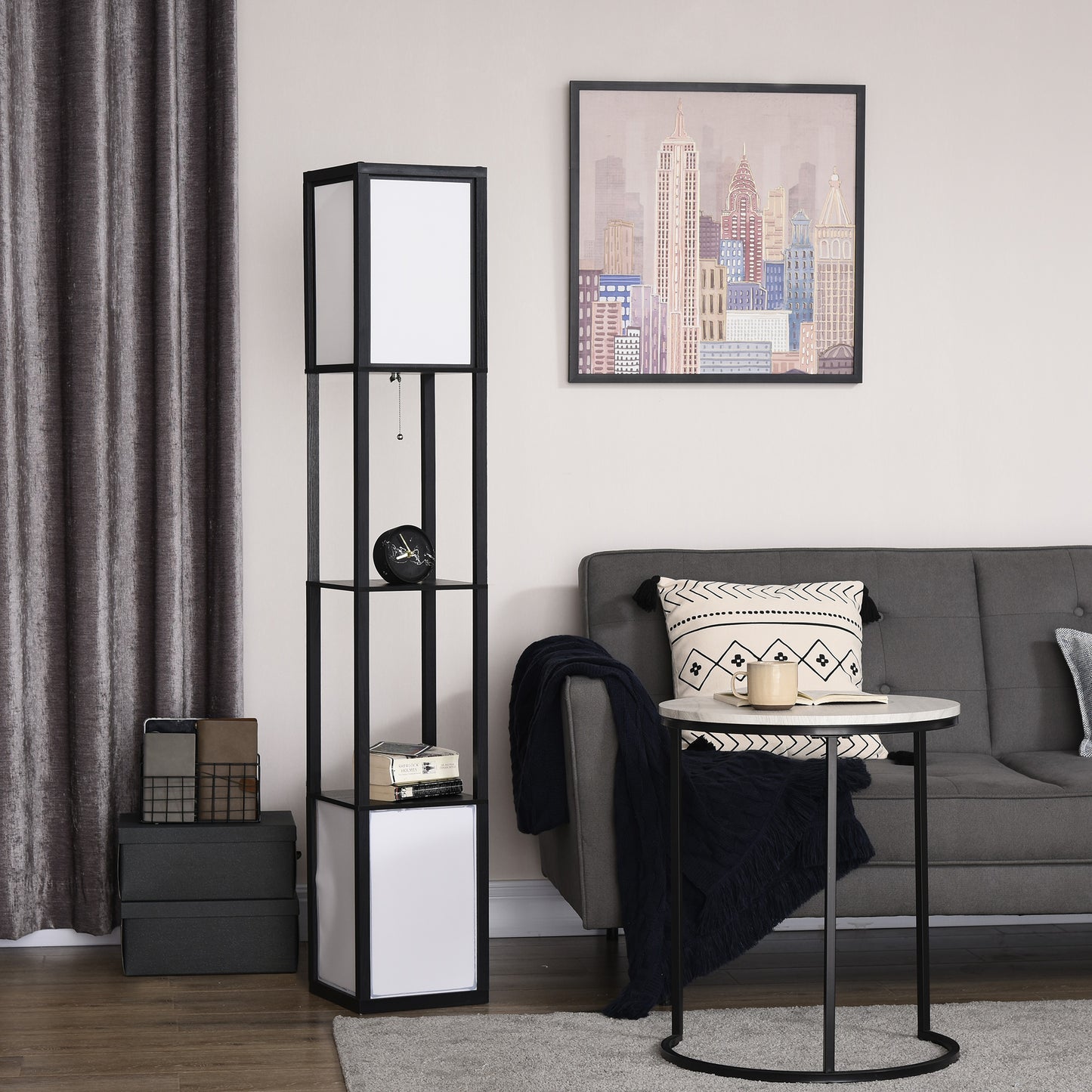 Black Shelf Tower Floor Lamp — Dual Ambient Light — 2 Open Shelves — 61.5 Inch