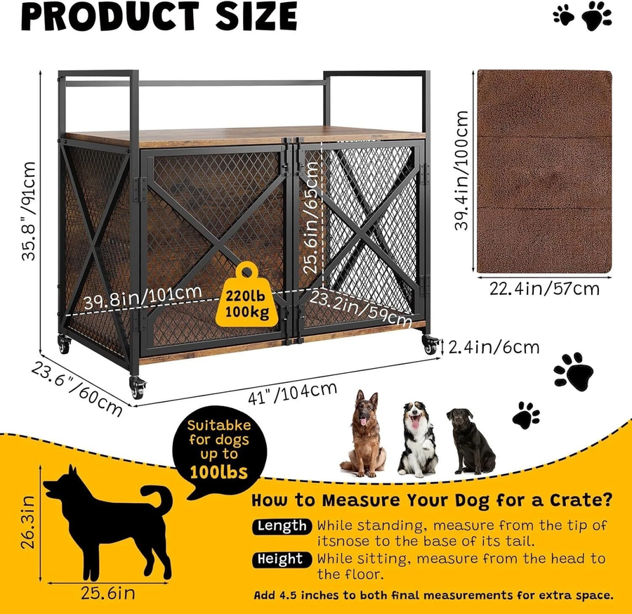 Size drawing of the large dog crate: 41 × 23.6 × 35.8 in outside, about 39.8 × 23.2 × 25.6 in inside, with the included pet mat