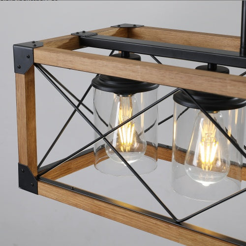 Walnut Industrial Farmhouse Chandelier — 5 Light — 32 Inch Rectangle Ceiling Light