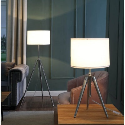 Silver Chrome Tripod Floor Lamp — Mid-Century Drum Shade — Adjustable Height 47–64 Inch