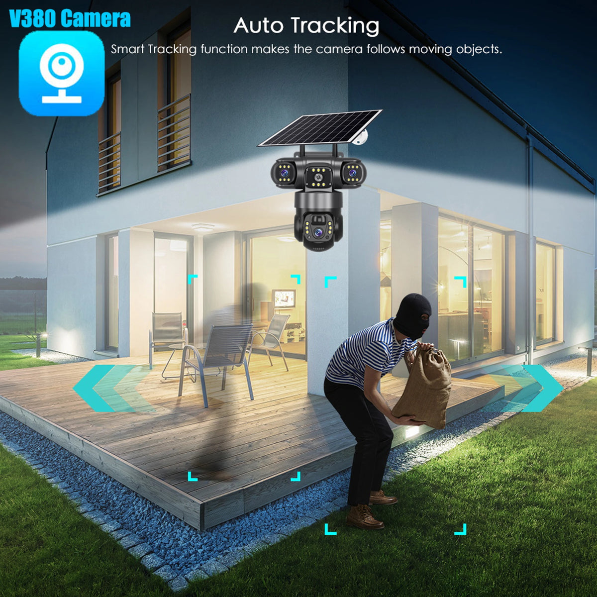 Solar Triple-Lens Security Camera – 3-Screen Display, 10X Zoom, PTZ
