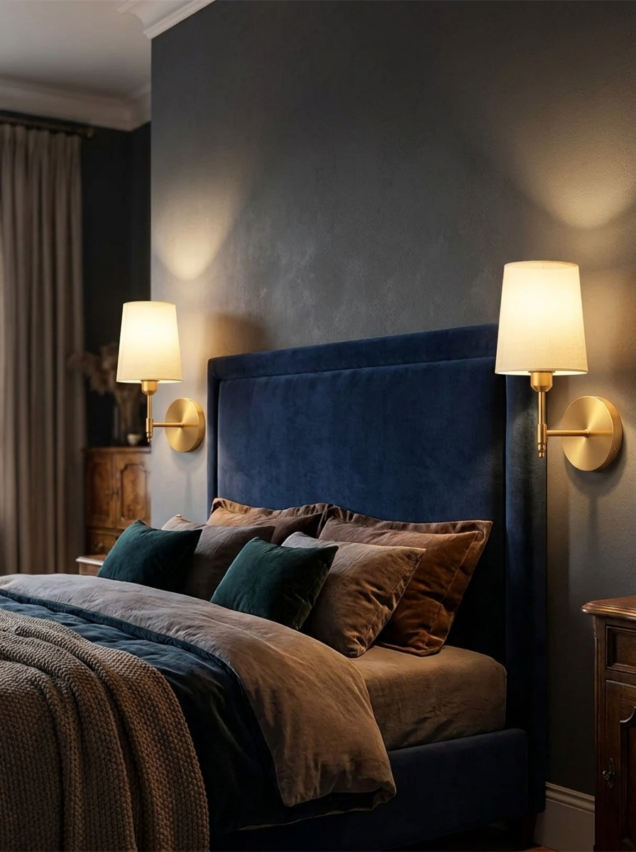 A pair of the sconces either side of a headboard at night
