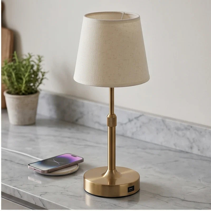 USB-C charging port on the base of the gold cordless lamp