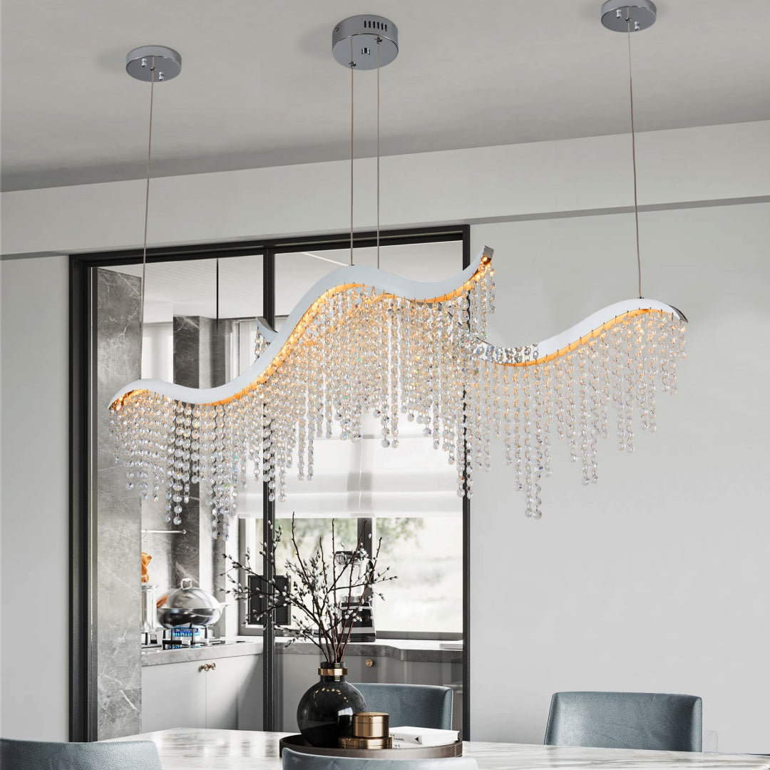 Modern Wave Crystal Chandelier 36" – LED Ceiling Light for Living Room & Dining Space