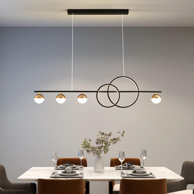 Black ring and globe linear LED chandelier
