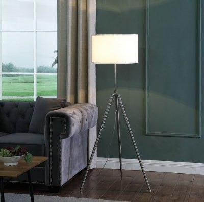 Silver Chrome Tripod Floor Lamp — Mid-Century Drum Shade — Adjustable Height 47–64 Inch