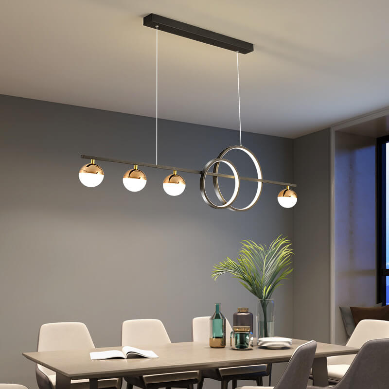 Black ring and globe linear LED chandelier, lit