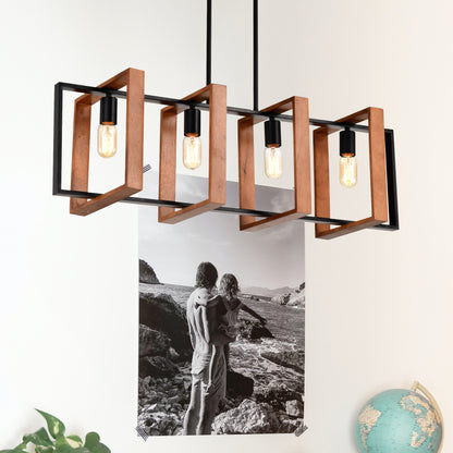 Rustic Wood and Black Metal Rectangle Chandelier — 4 Light — 36 Inch