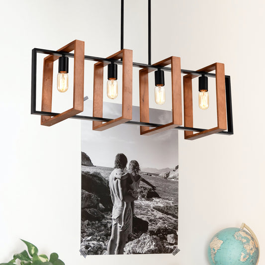 Rustic Wood and Black Metal Rectangle Chandelier — 4 Light — 36 Inch