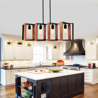 Rustic Wood and Black Metal Rectangle Chandelier — 4 Light — 36 Inch
