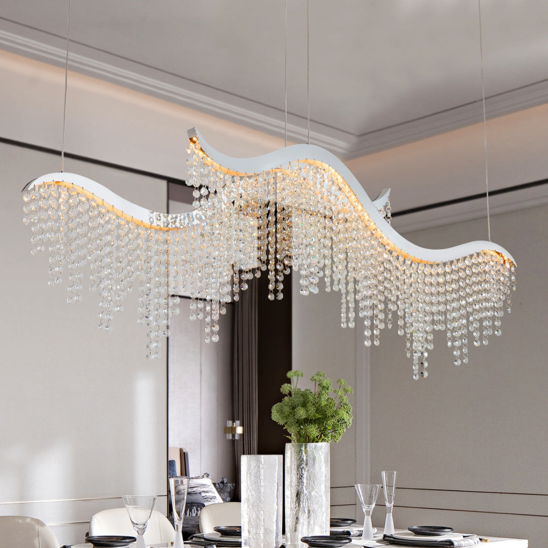 Modern Wave Crystal Chandelier 36" – LED Ceiling Light for Living Room & Dining Space
