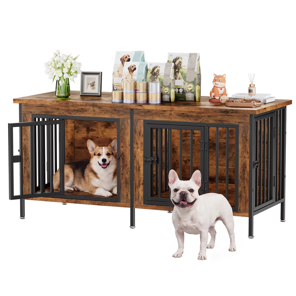 Double Dog Crate Furniture with Divider – 54 Inch TV Stand Kennel for 2 Small Dogs