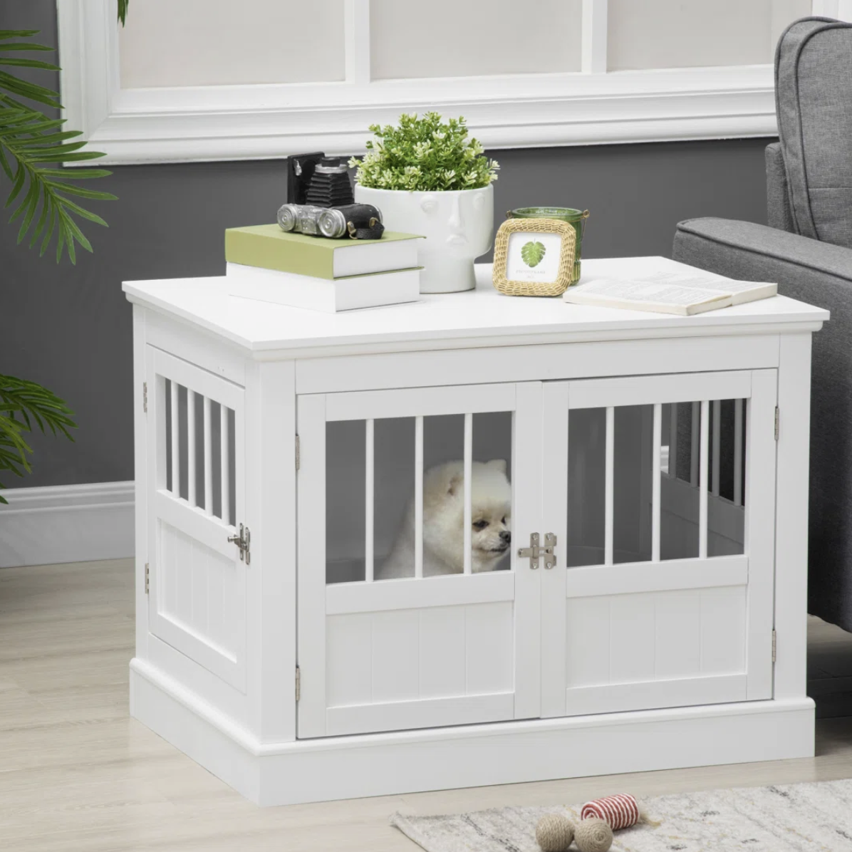 Dog Crate End Table – 31 Inch Side Table Kennel with 3 Doors for Small Dogs, White
