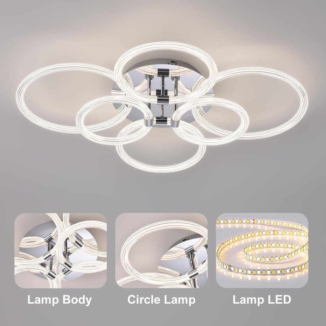 Chrome 6-Ring Acrylic LED Flush Mount Ceiling Light — Dimmable Remote — 30 Inch