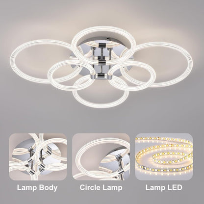 Chrome 6-Ring Acrylic LED Flush Mount Ceiling Light — Dimmable Remote — 30 Inch