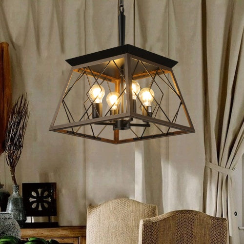 Walnut Black Farmhouse Geometric Chandelier — 4 Light — 15.7 Inch