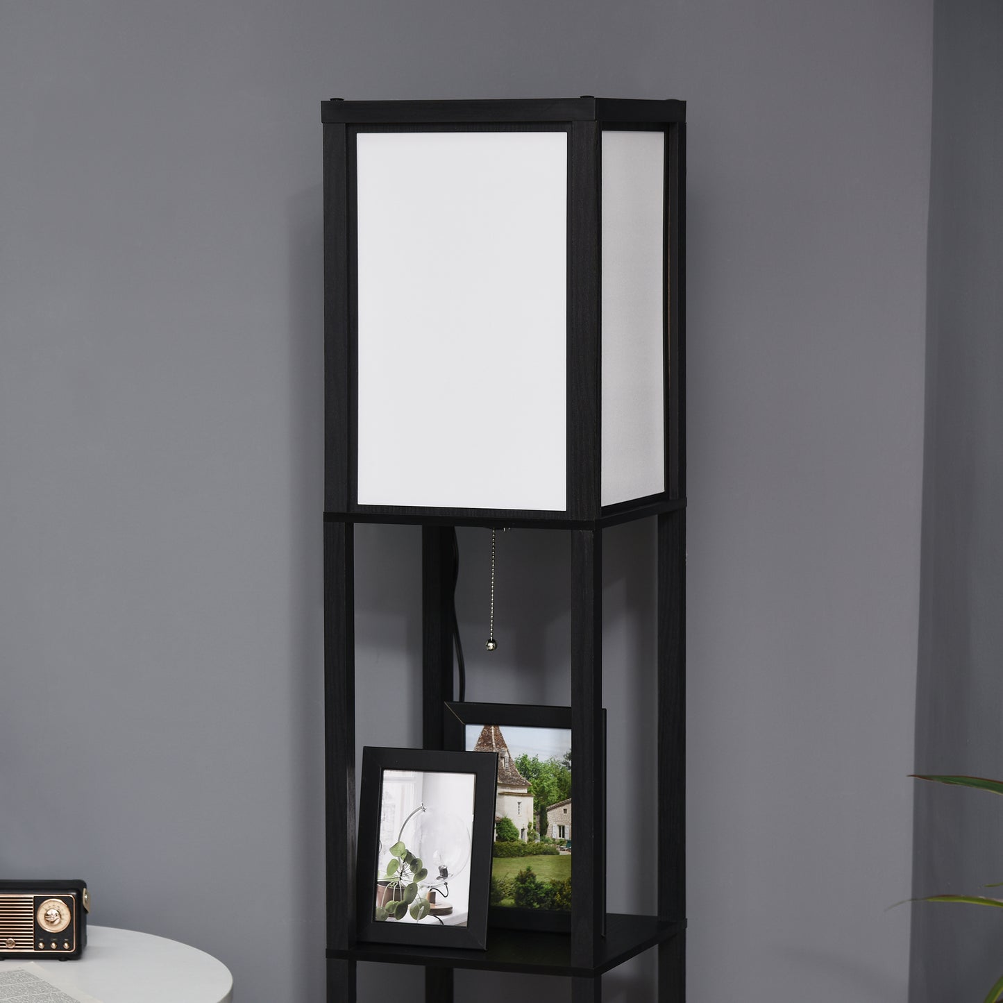 Black Shelf Tower Floor Lamp — Dual Ambient Light — 2 Open Shelves — 61.5 Inch