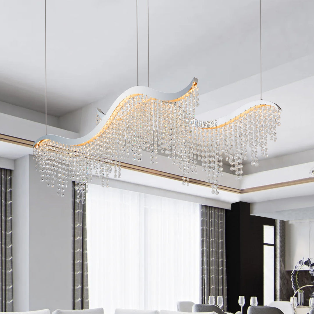 Modern Wave Crystal Chandelier 36" – LED Ceiling Light for Living Room & Dining Space