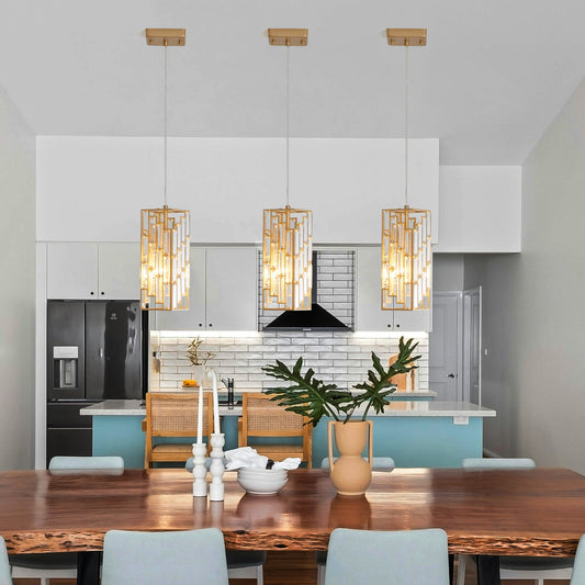 Gold Crystal Prism Pendant Light Set of 3 – Modern Kitchen Island Hanging Lights, Adjustable Height
