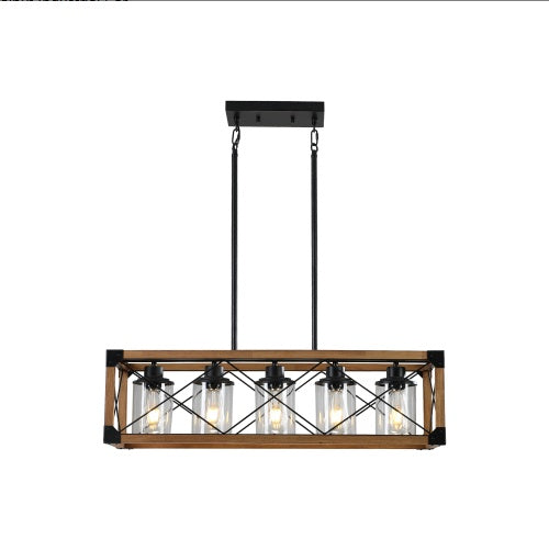 Walnut Industrial Farmhouse Chandelier — 5 Light — 32 Inch Rectangle Ceiling Light