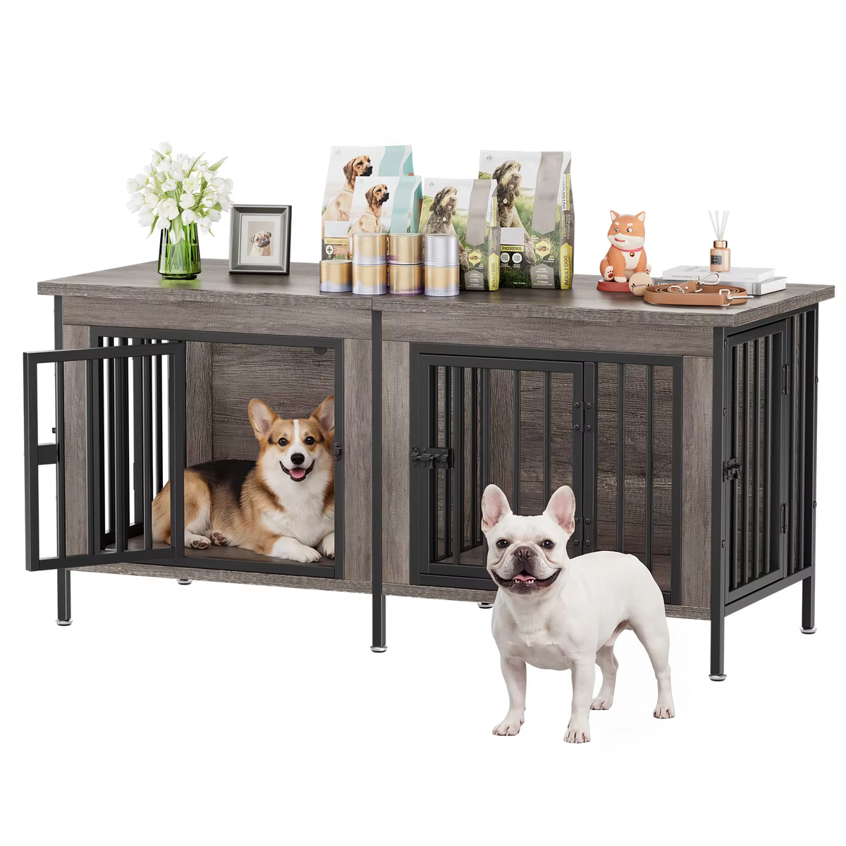 Double Dog Crate Furniture with Divider – 54 Inch TV Stand Kennel for 2 Small Dogs