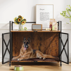 Large Dog Crate Furniture with Wheels – 41 Inch End Table Kennel with Double Doors, Rustic Brown