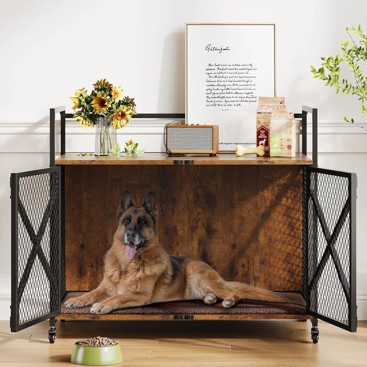 Large Dog Crate Furniture with Wheels – 41 Inch End Table Kennel with Double Doors, Rustic Brown