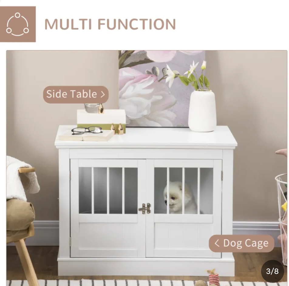 Dog Crate End Table – 31 Inch Side Table Kennel with 3 Doors for Small Dogs, White