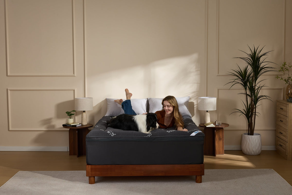 Bamboo mattress topper with deep pocket elastic skirt fitted to the mattress corner
