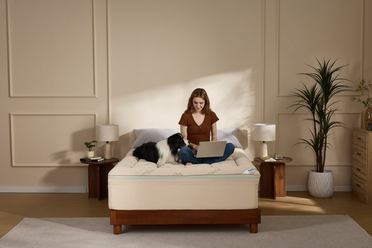 4 inch bamboo cooling mattress topper with dual layer memory foam, beige