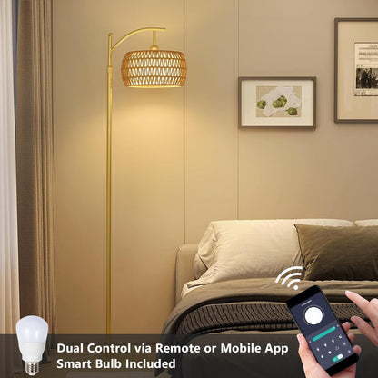 Gold Arc Rattan Drum Floor Lamp — Dimmable LED — Remote and App Control
