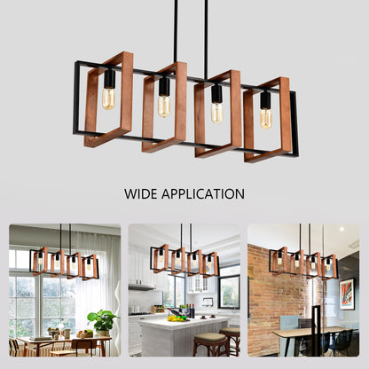 Rustic Wood and Black Metal Rectangle Chandelier — 4 Light — 36 Inch