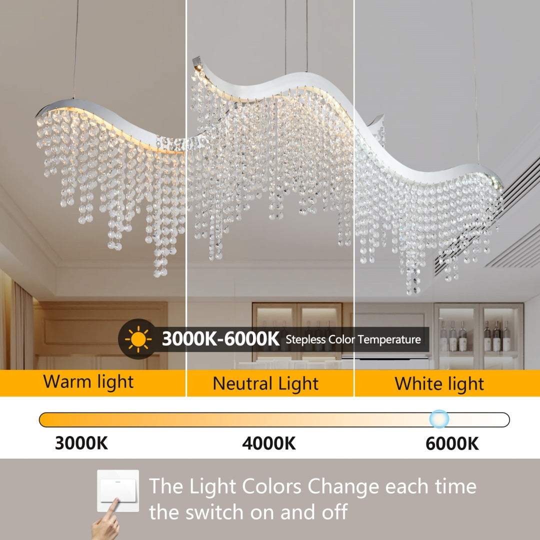 Modern Wave Crystal Chandelier 36" – LED Ceiling Light for Living Room & Dining Space