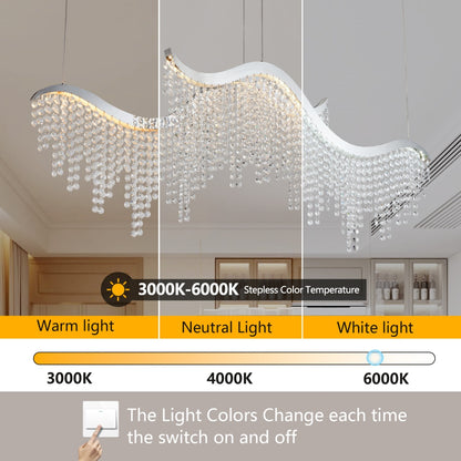 Modern Wave Crystal Chandelier 36" – LED Ceiling Light for Living Room & Dining Space