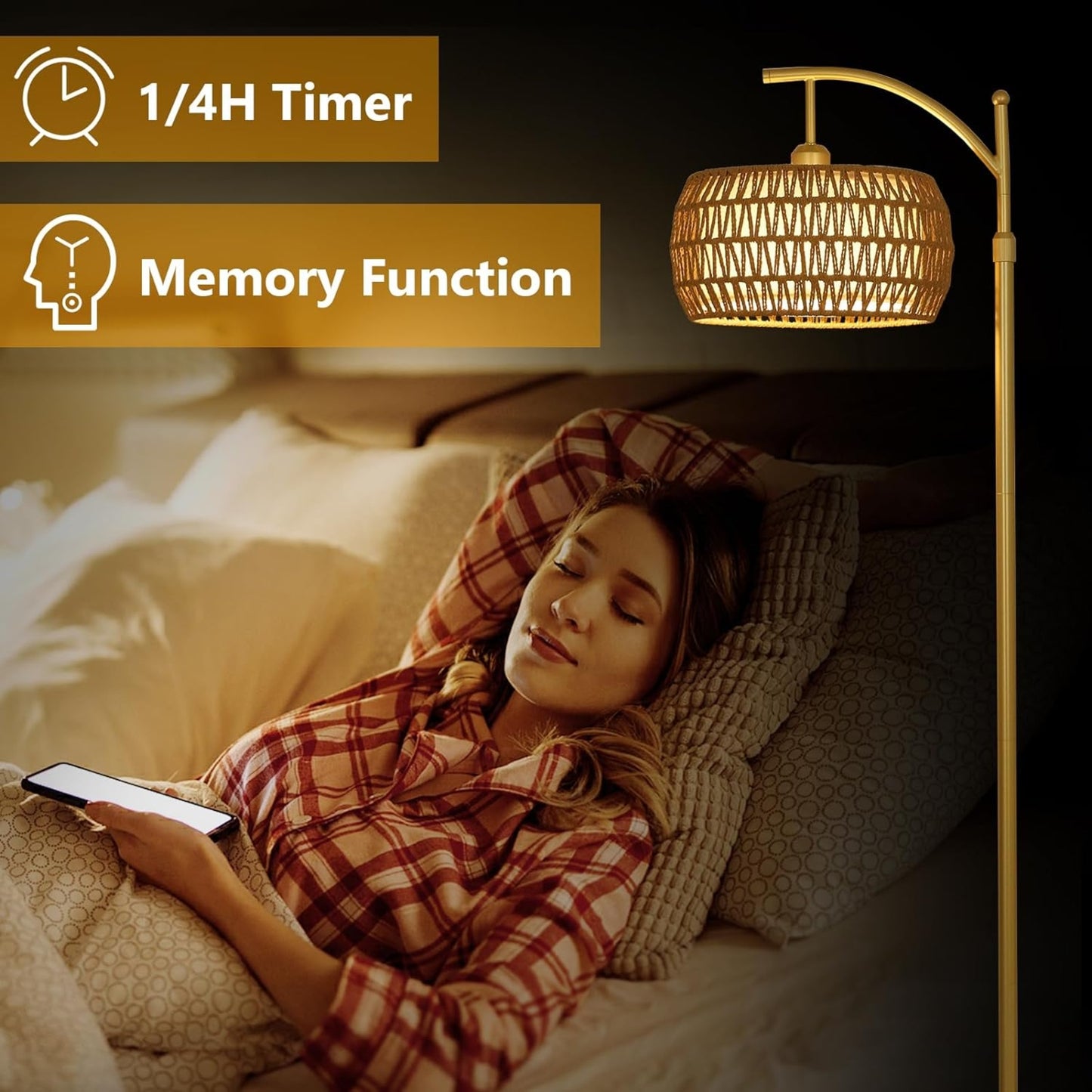 Gold Arc Rattan Drum Floor Lamp — Dimmable LED — Remote and App Control