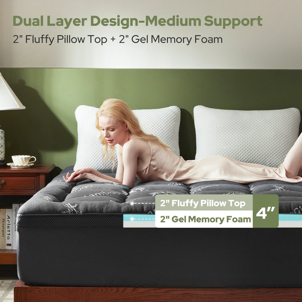 2 inch pillow top plus 2 inch gel memory foam, 4 inch total thickness, gray