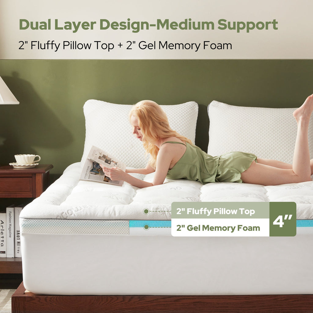 2 inch pillow top plus 2 inch gel memory foam, 4 inch total thickness, white