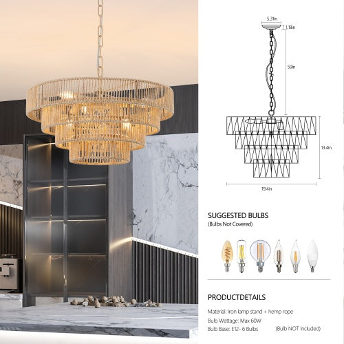 Bohemian Rattan Chandelier Light – 4-Tier Woven Pendant Ceiling Light for Dining Room, Living Room & Kitchen (19.7")