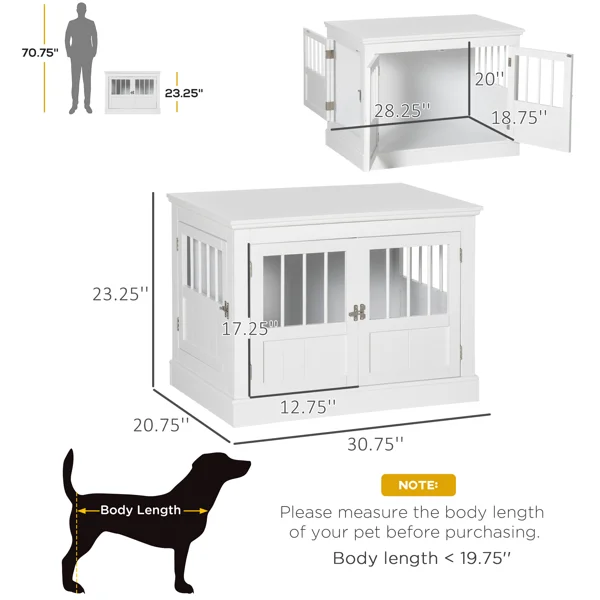 Dog Crate End Table – 31 Inch Side Table Kennel with 3 Doors for Small Dogs, White