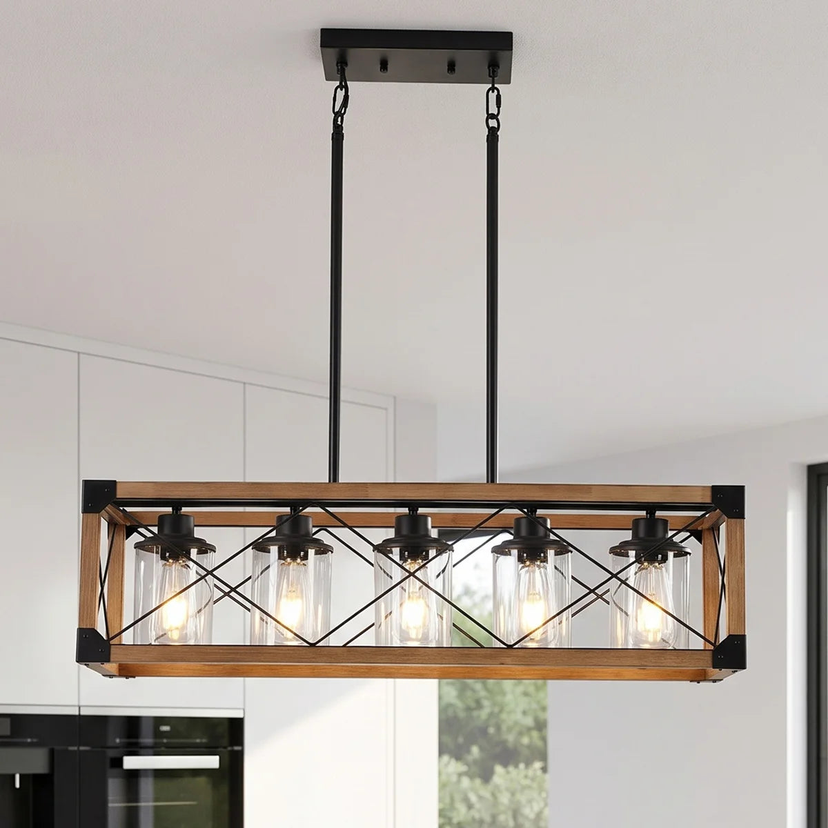 Walnut Industrial Farmhouse Chandelier — 5 Light — 32 Inch Rectangle Ceiling Light