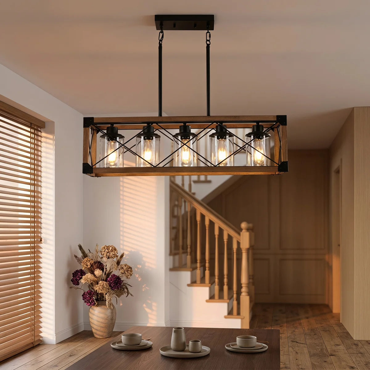 Walnut Industrial Farmhouse Chandelier — 5 Light — 32 Inch Rectangle Ceiling Light