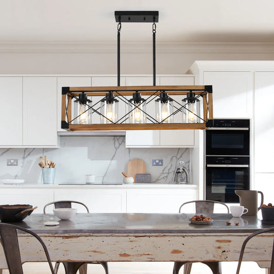 Walnut Industrial Farmhouse Chandelier — 5 Light — 32 Inch Rectangle Ceiling Light
