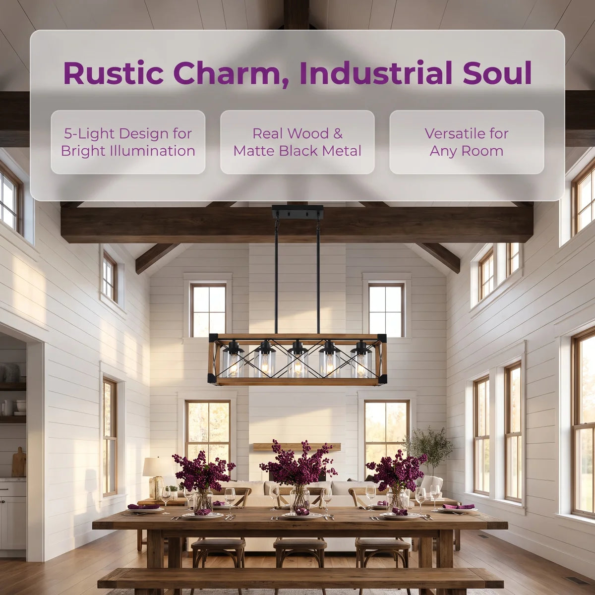 Walnut Industrial Farmhouse Chandelier — 5 Light — 32 Inch Rectangle Ceiling Light