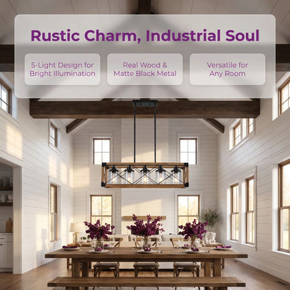 Walnut Industrial Farmhouse Chandelier — 5 Light — 32 Inch Rectangle Ceiling Light