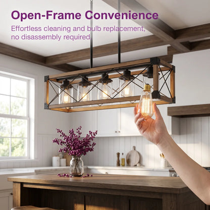 Walnut Industrial Farmhouse Chandelier — 5 Light — 32 Inch Rectangle Ceiling Light