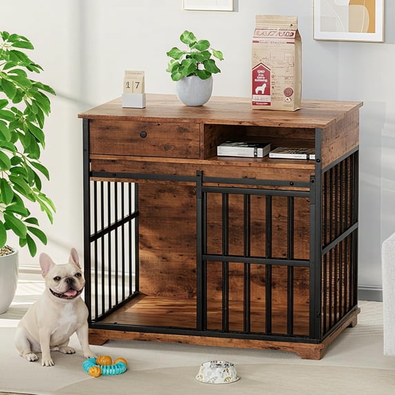 Dog Crate Furniture with Drawer & Shelf – 35 Inch Sliding Door Kennel for Small to Medium Dogs, Walnut