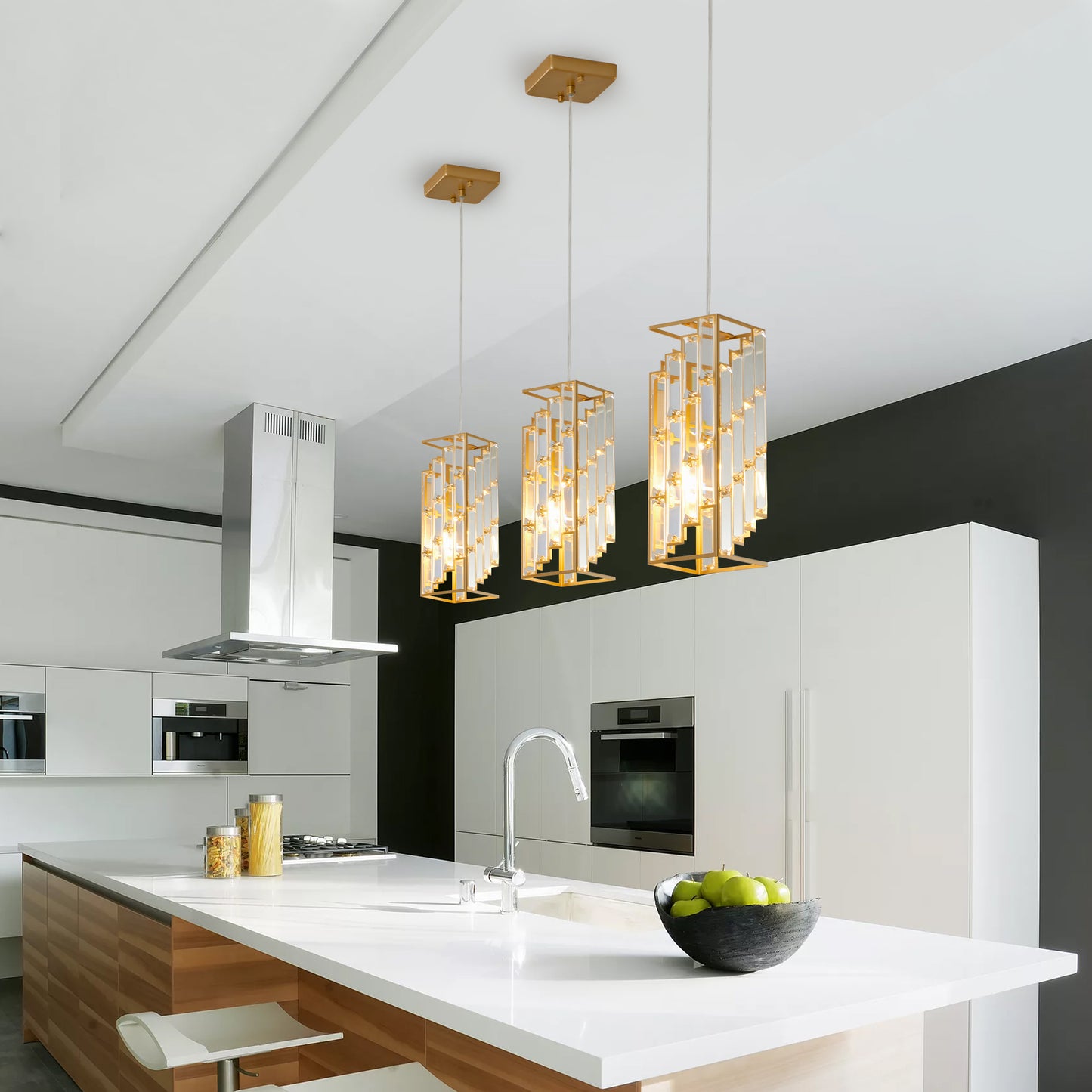 Gold Crystal Prism Pendant Light Set of 3 – Modern Kitchen Island Hanging Lights, Adjustable Height