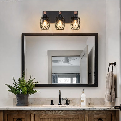 Walnut and Black Industrial Cage Wall Sconce — 3 Light — 18 Inch