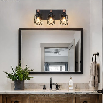Walnut and Black Industrial Cage Wall Sconce — 3 Light — 18 Inch